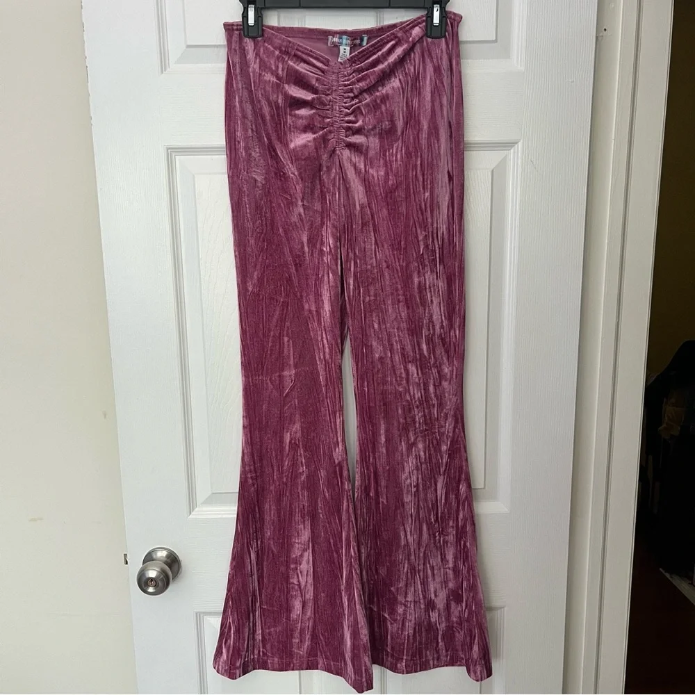 Velvet Ruched Pink Wide Leg Flares - Picture 3 of 5
